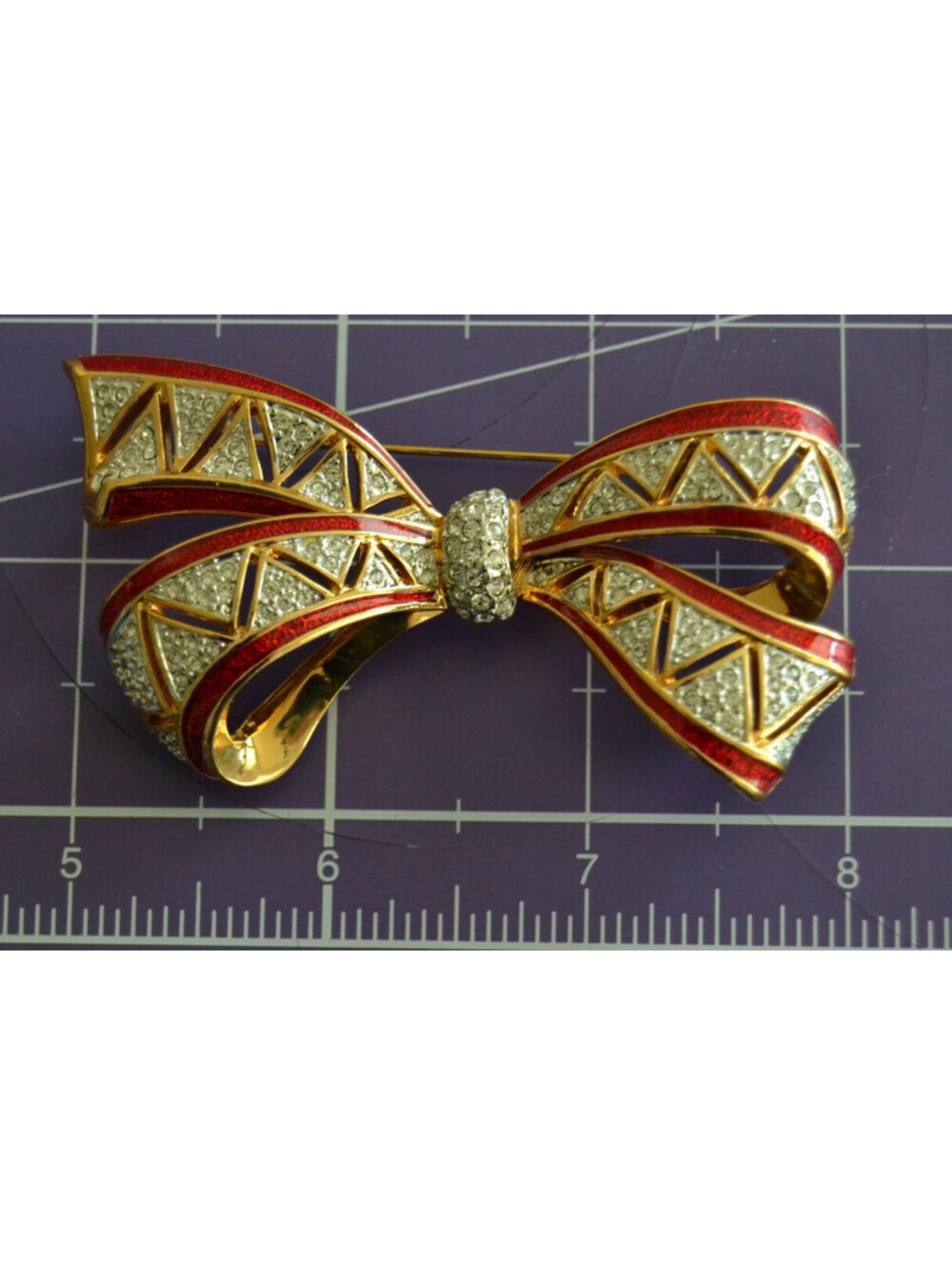 Vintage Erwin Pearl Red Enamel Crystal Bow Brooch Gold Tone Signed 3"